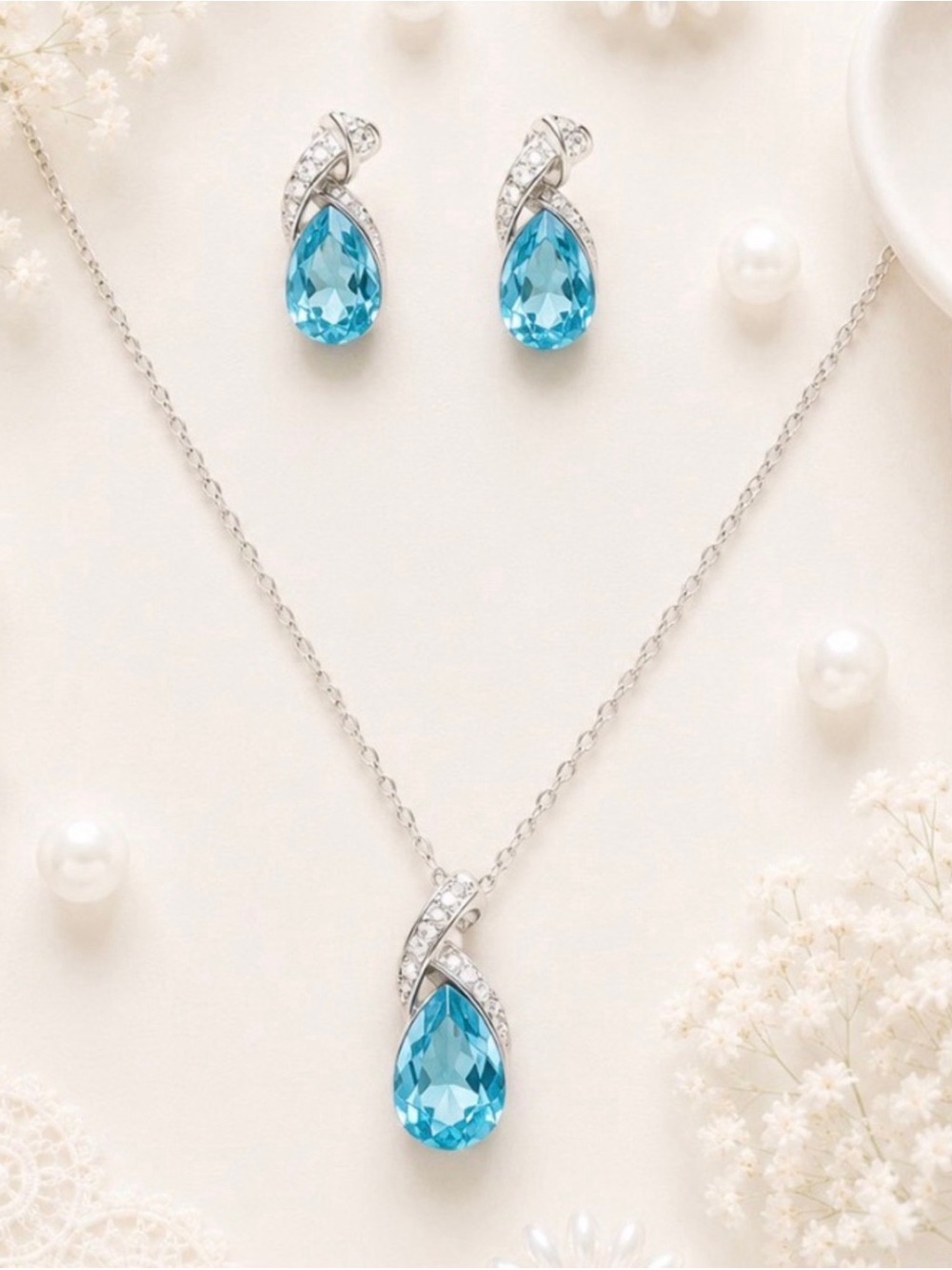 Silver Necklace and Earrings Set with Blue Teardrop Stones